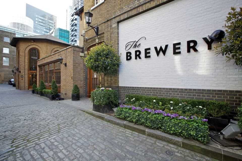 The Brewery's cobbled courtyard entrance on Chiswell Street, London