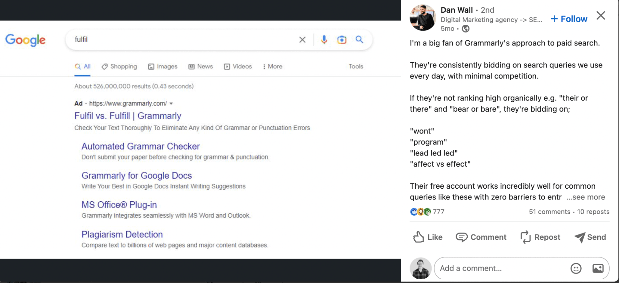 Dan Wall linkedin post and grammarly paid ad screenshot
