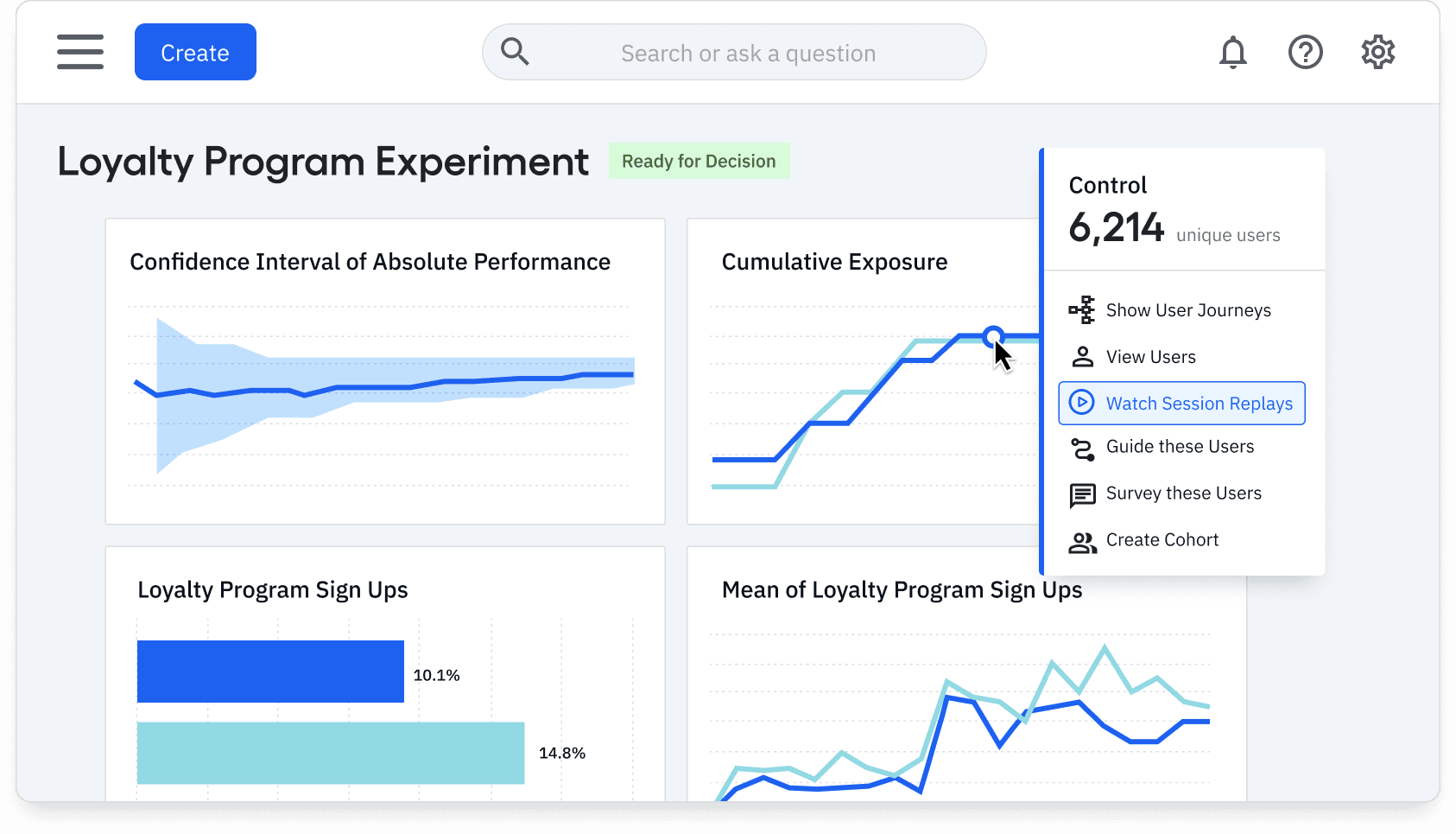 An example screen of experiment results in Amplitude, showing how the experimentation feature connects seamlessly to a session replay feature
