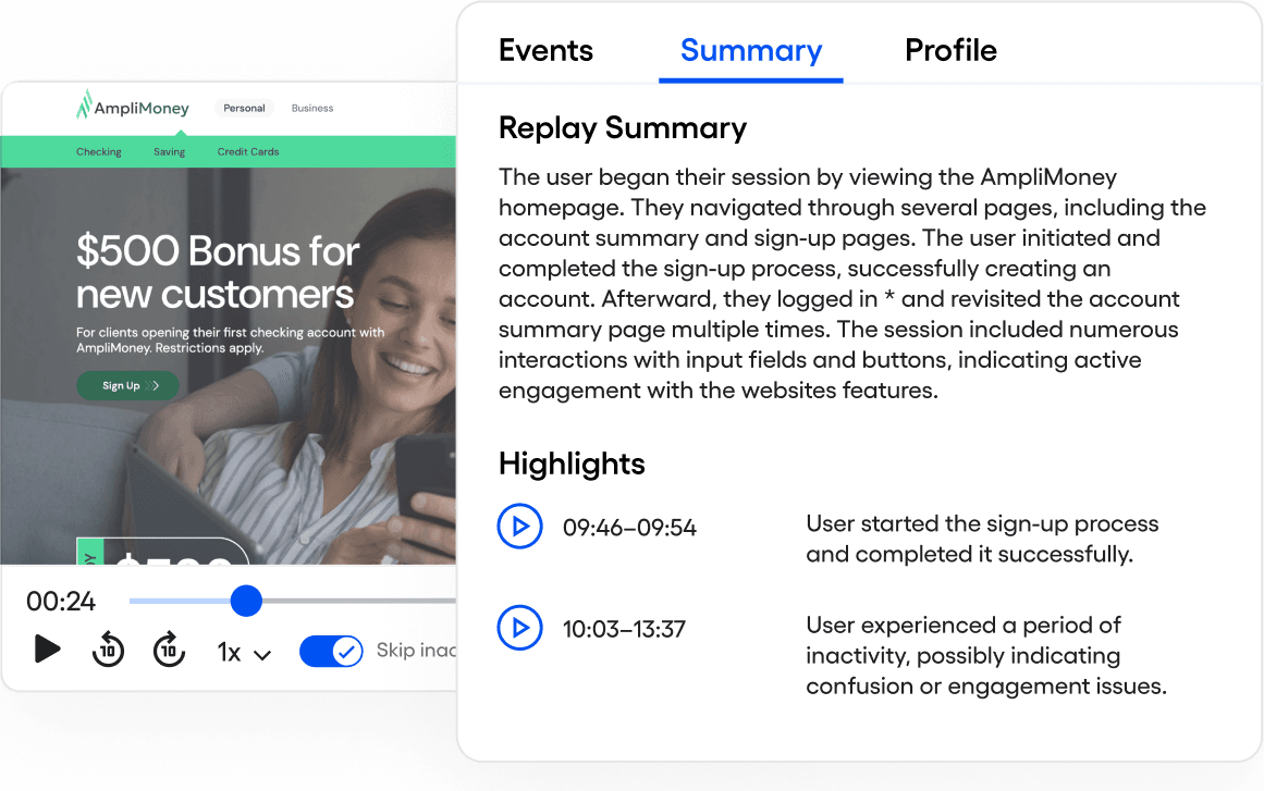 Session replay with summary and highlights