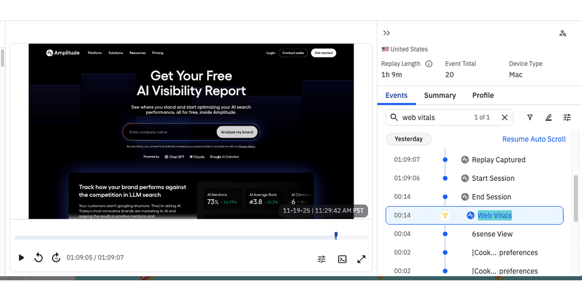 Session replay log showing the Web Vitals event coming through