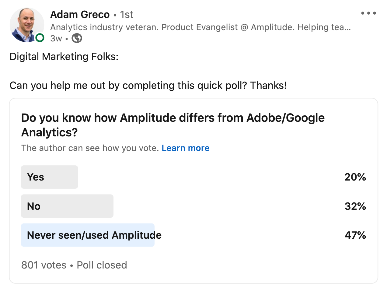 Adam Greco LinkedIn Poll: Amplitude vs Google Analytics vs Adobe