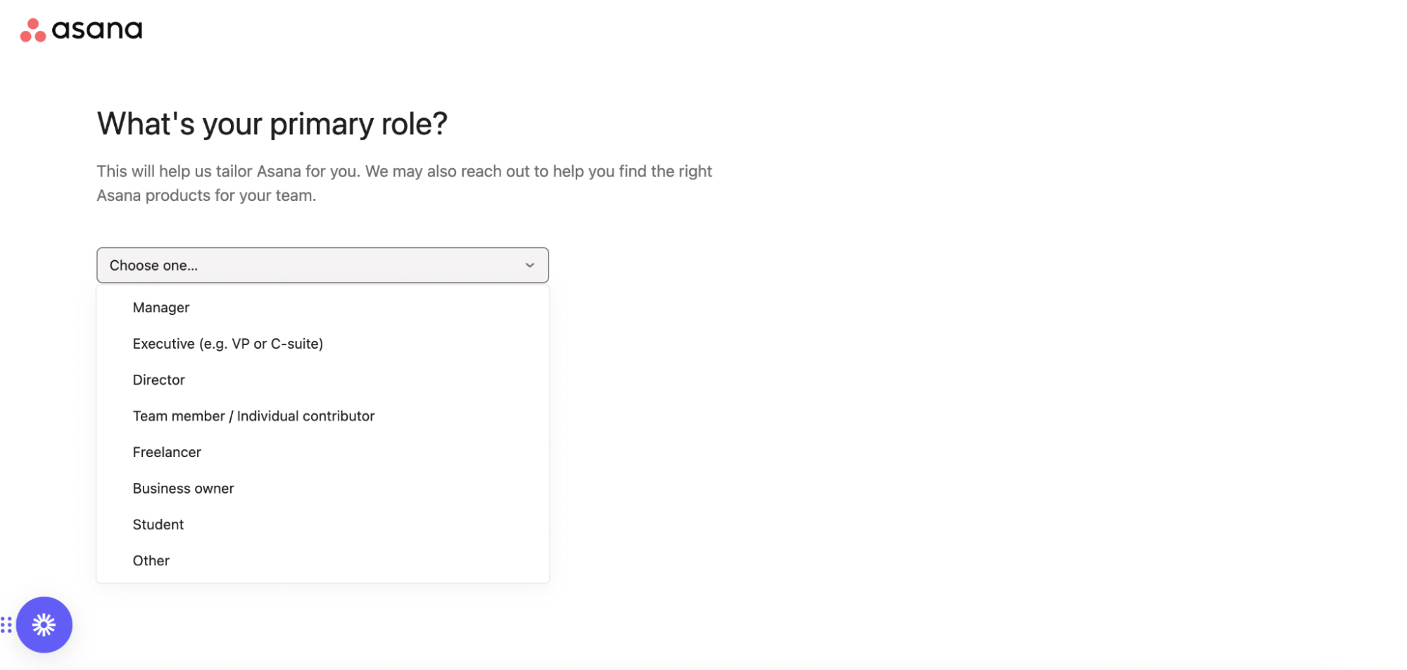 asana user onboarding "what's your primary role" flow
