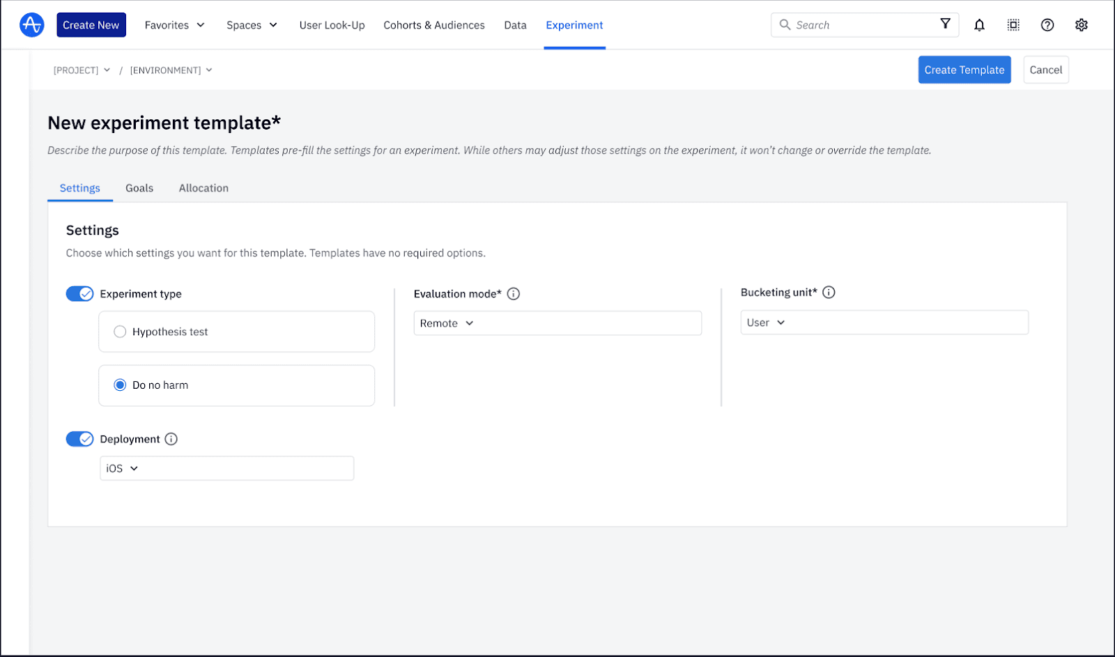 Experiment template creation in Amplitude