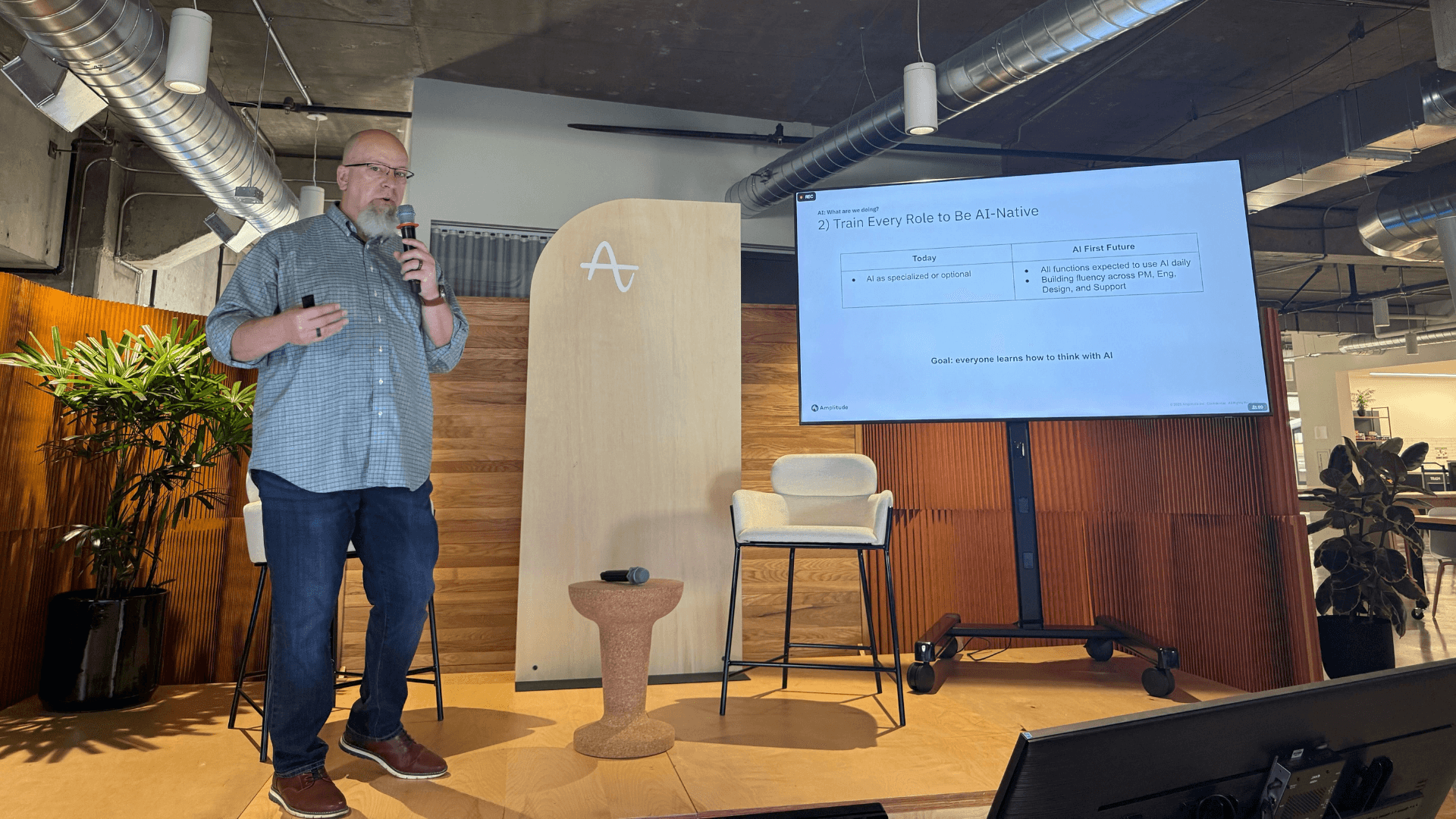 Wade Chambers gives a talk about AI development on stage to start Amplitude's AI Week