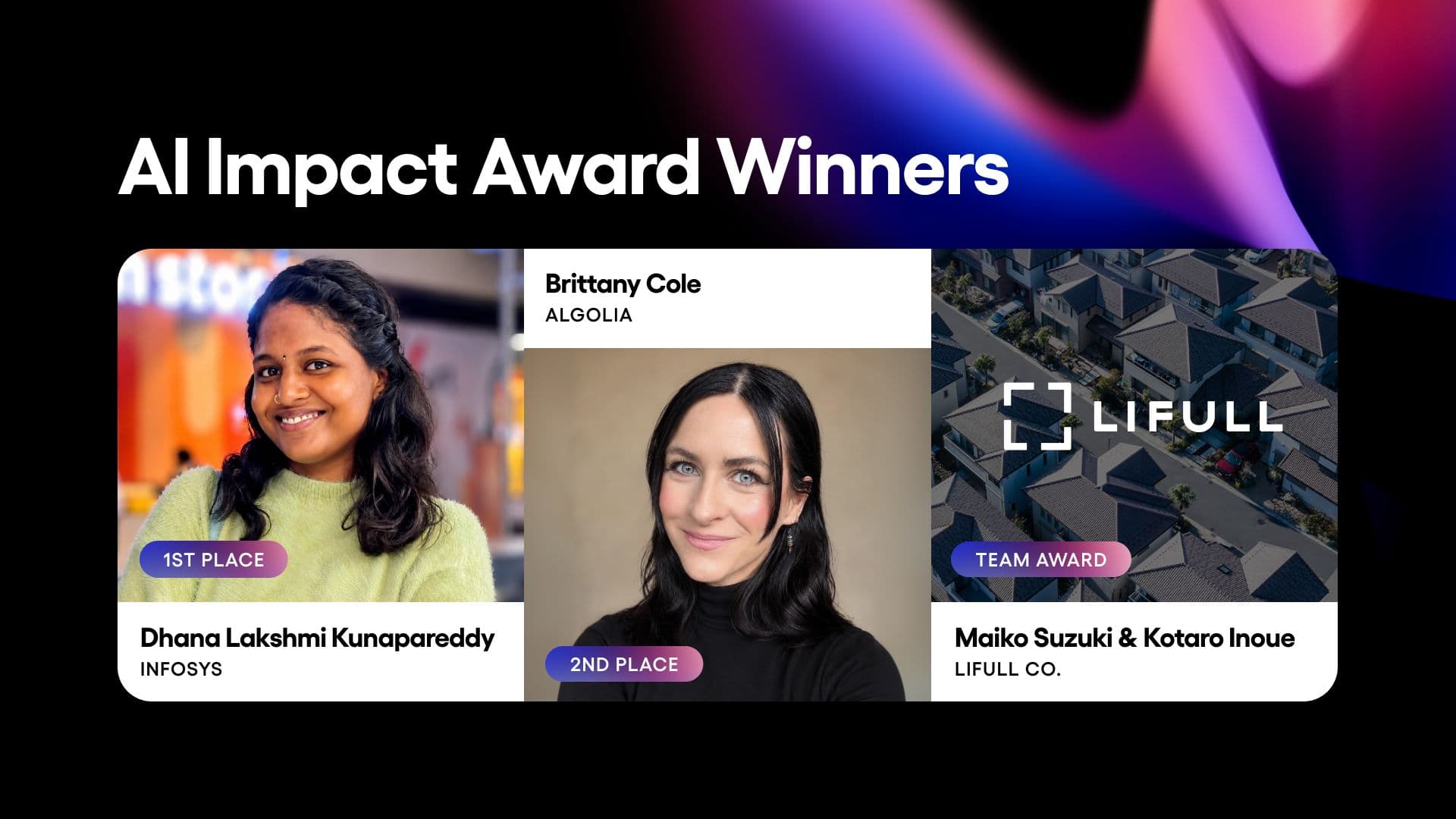 Says AI Impact Award Winners and has headshots for two winners and the logo for the team winner