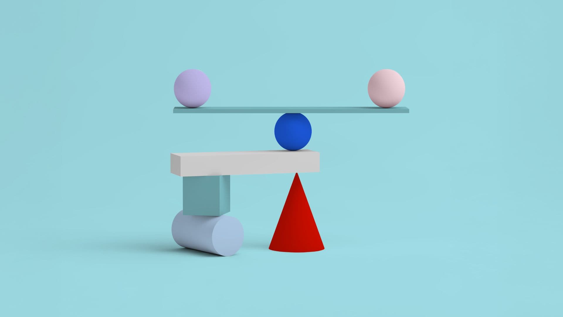 A blue sphere and a red cone working together to support a balanced stack of shapes, suggesting how Adobe Analytics and Amplitude can work together.