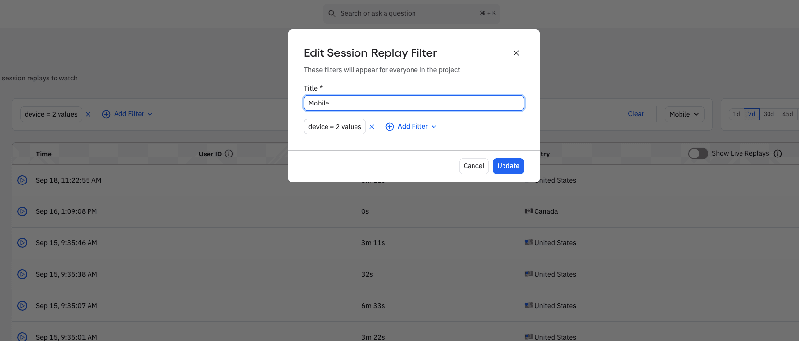 Session Replay Saved Filters