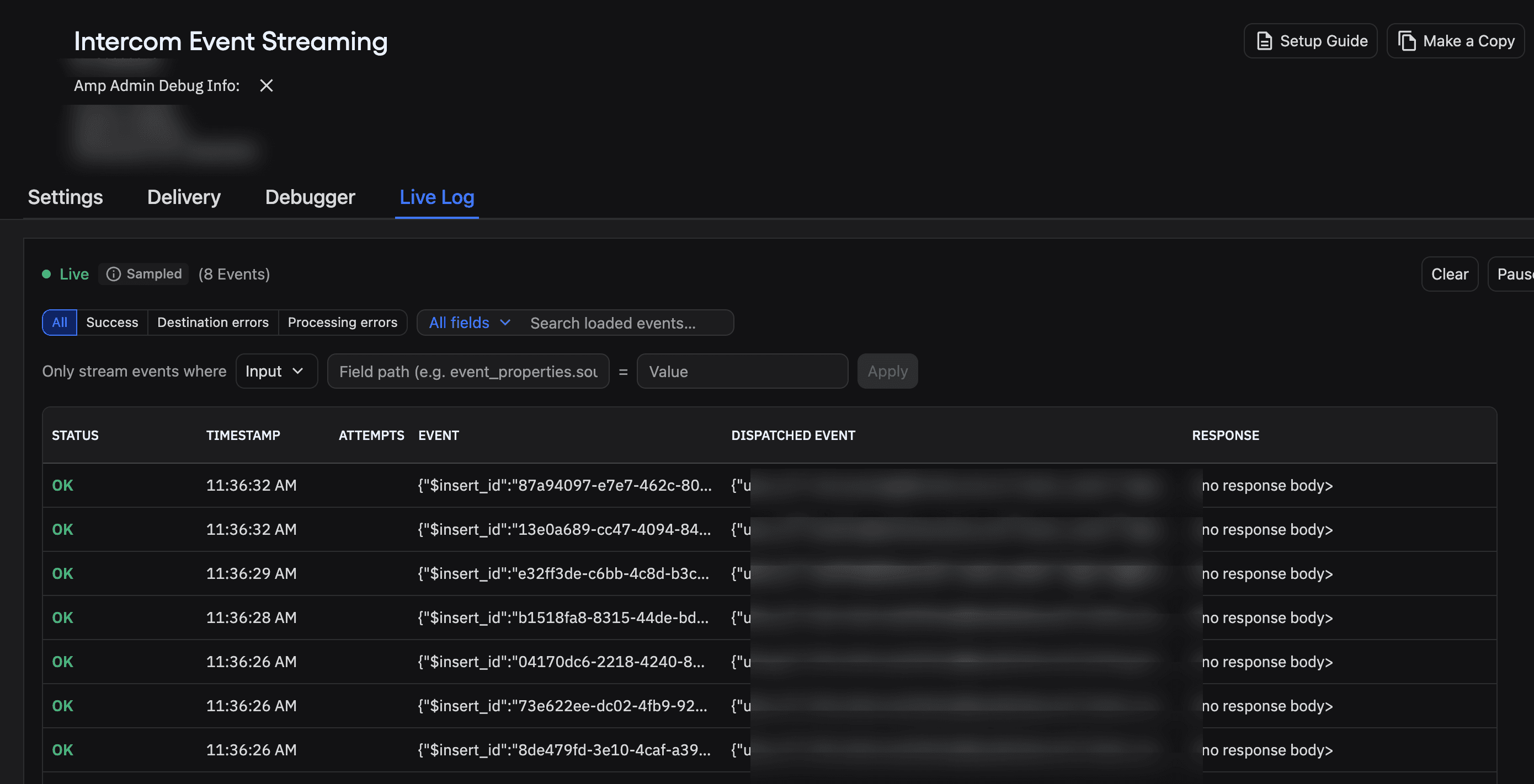 Event Streaming Live Log