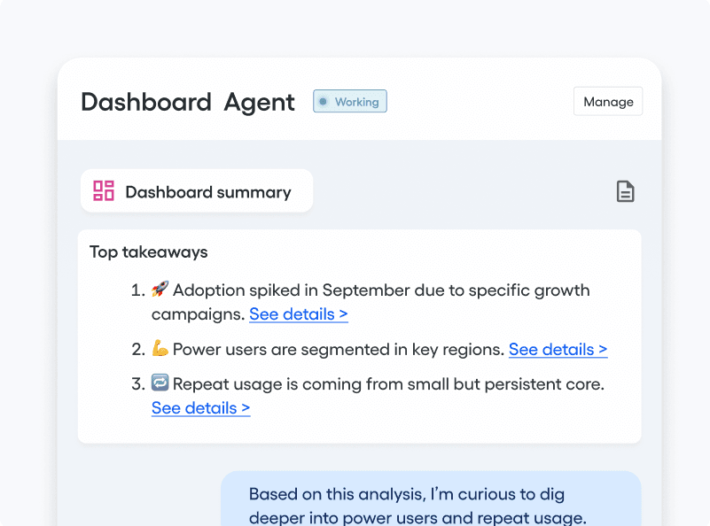 Amplitude dashboard agent summarizing top takeaways