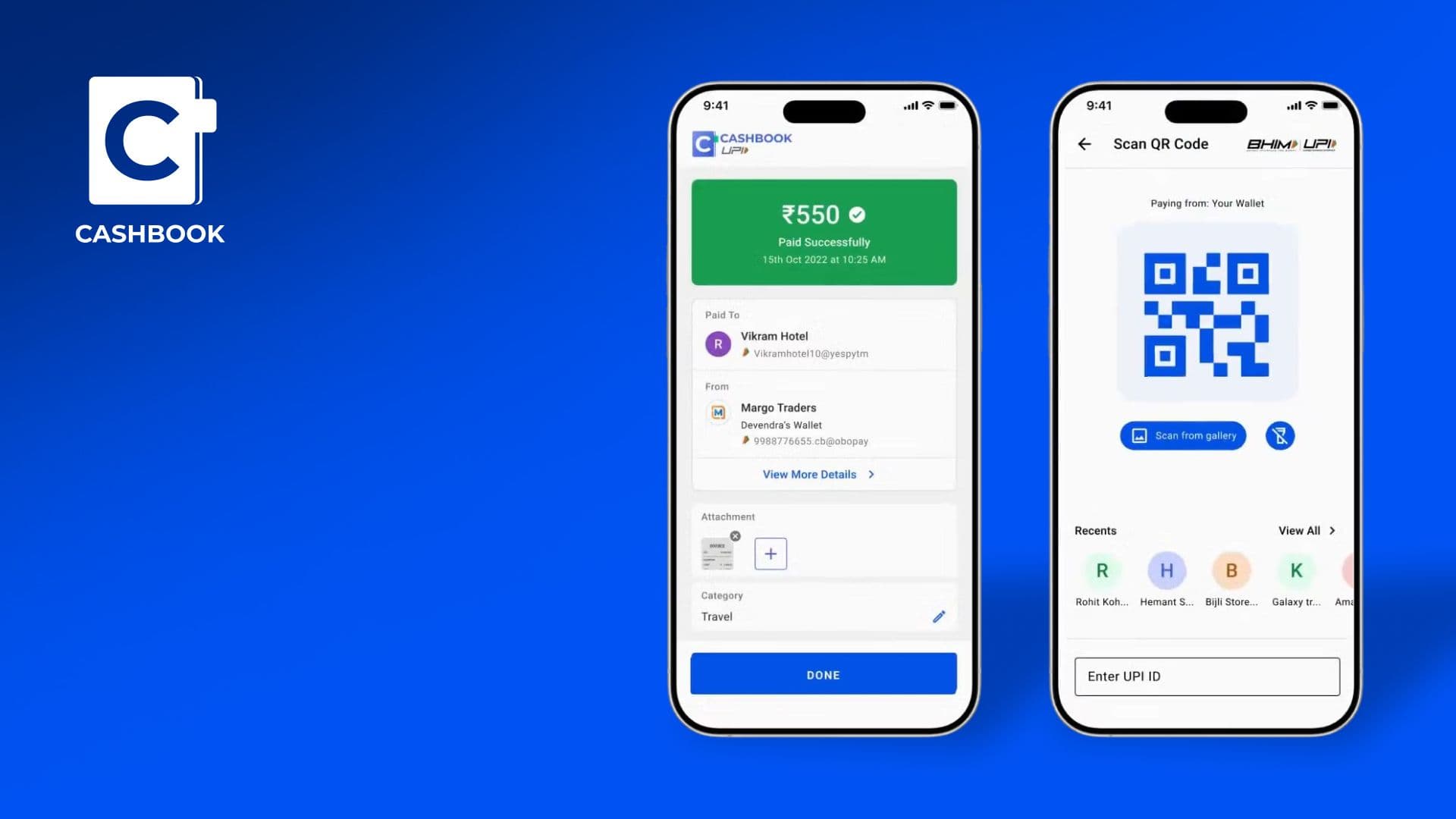 Cashbook app screens showing a completed ₹550 UPI payment receipt and a QR code scanning page for making payments.