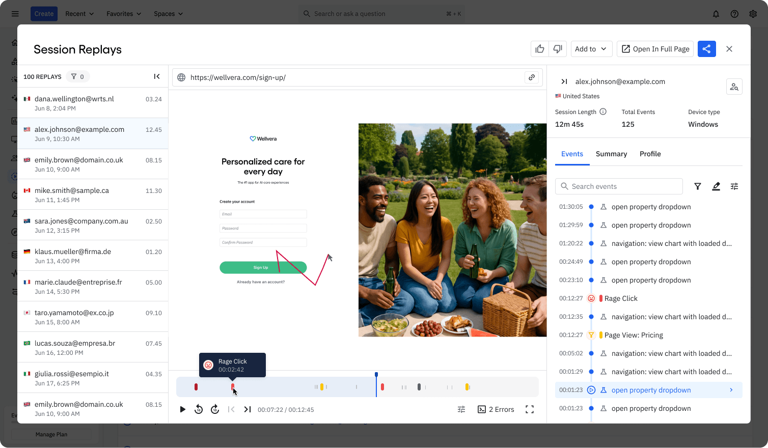 Frustration analytics shows when a user is rage clicking in a session replay