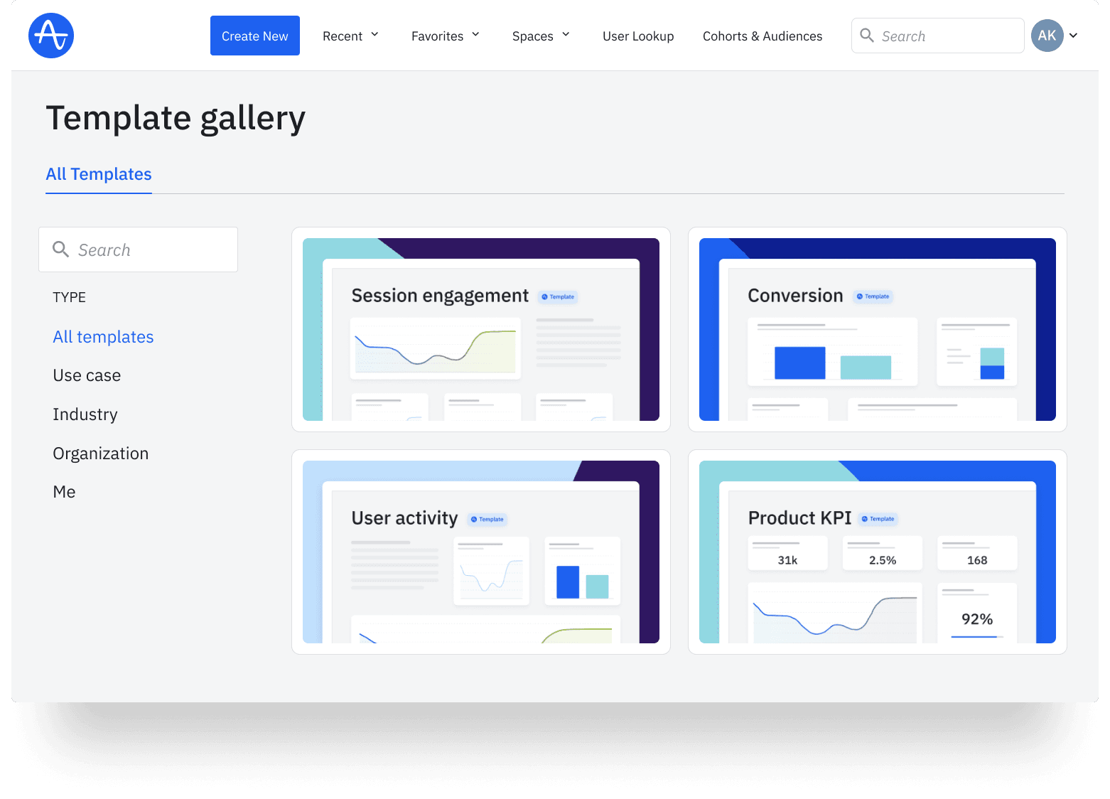 Amplitude template gallery on gray background