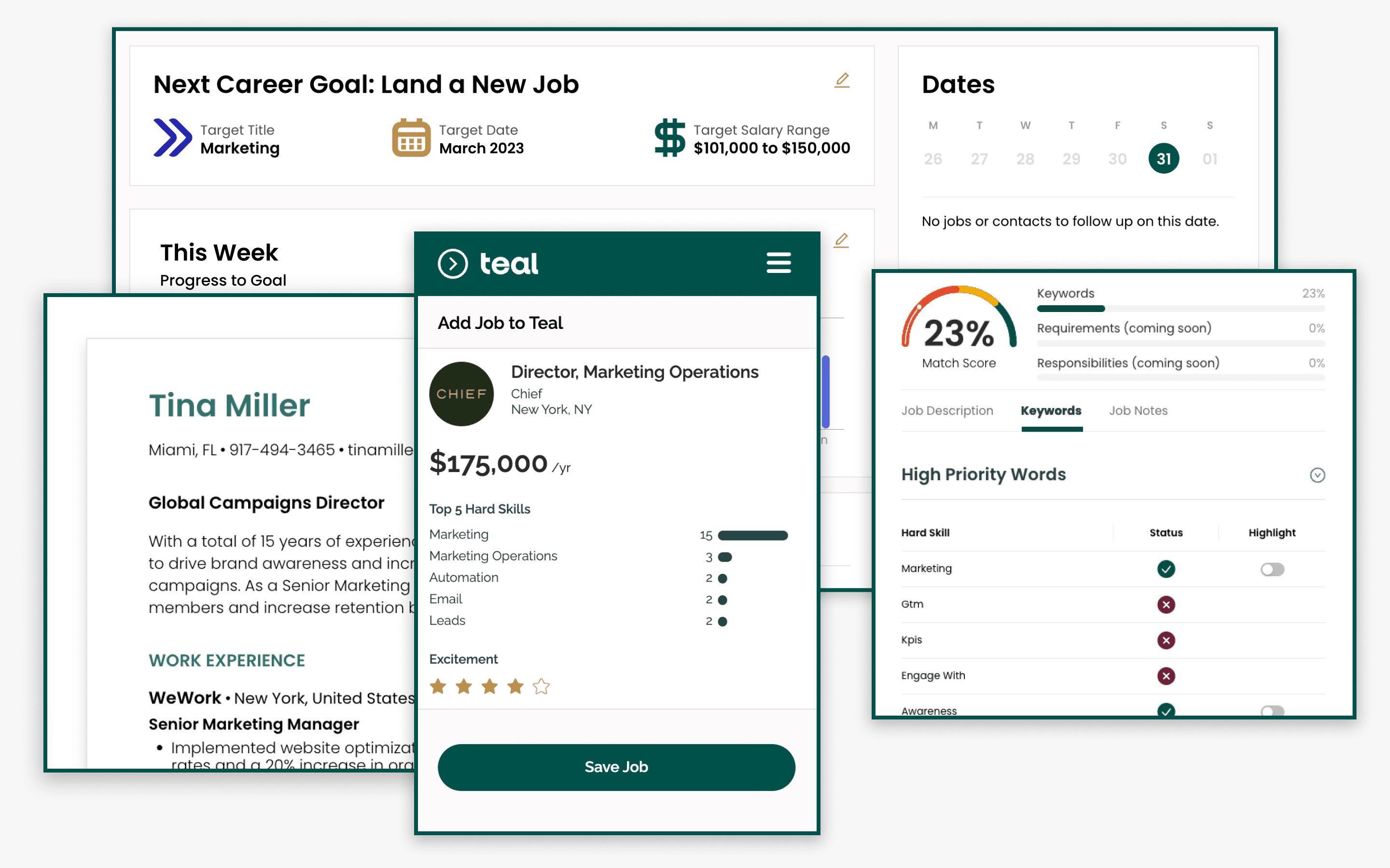 Image features a set of cards displaying information about global campaign director's profile and job opportunities.