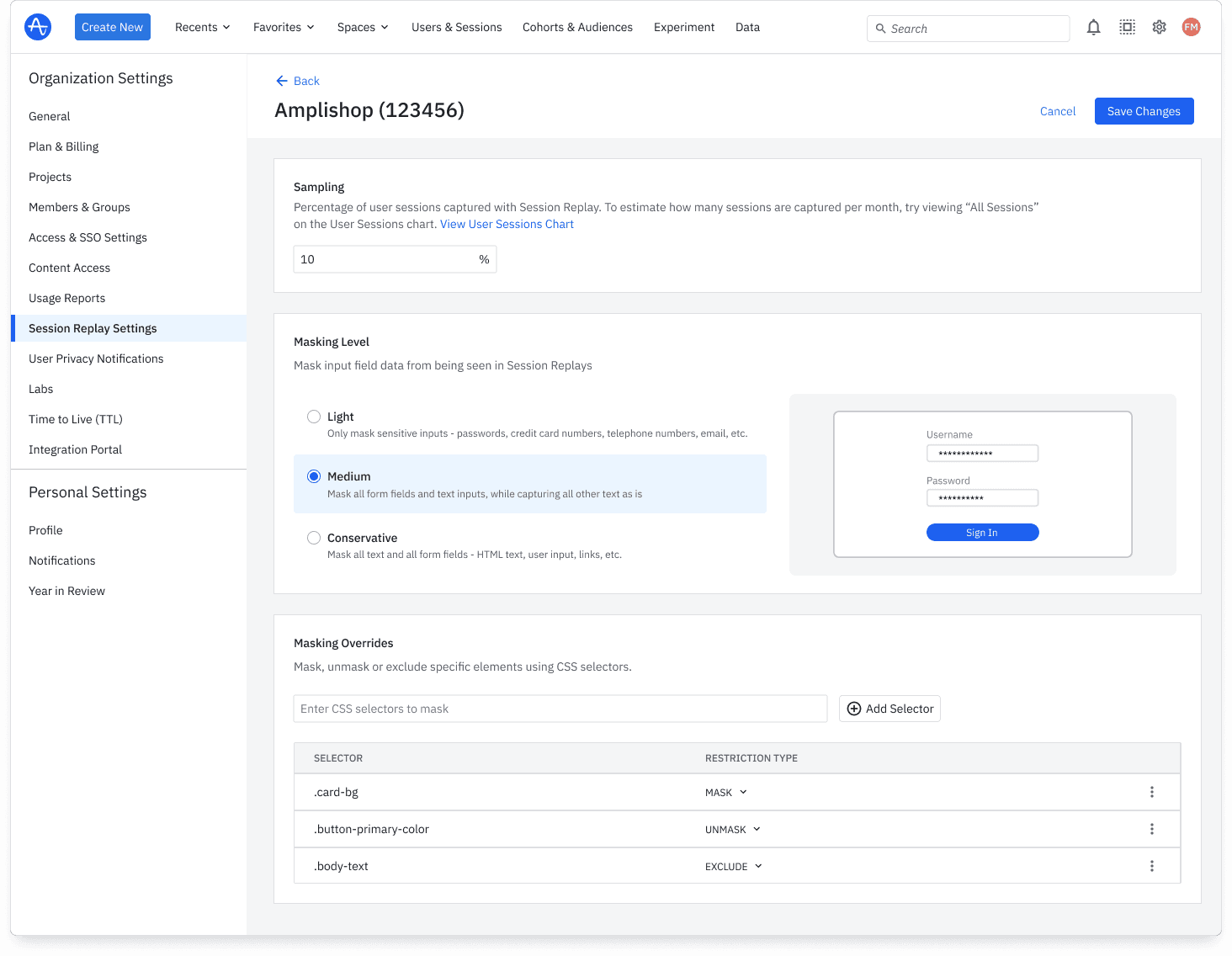 Amplitude Session Replay’s privacy settings
