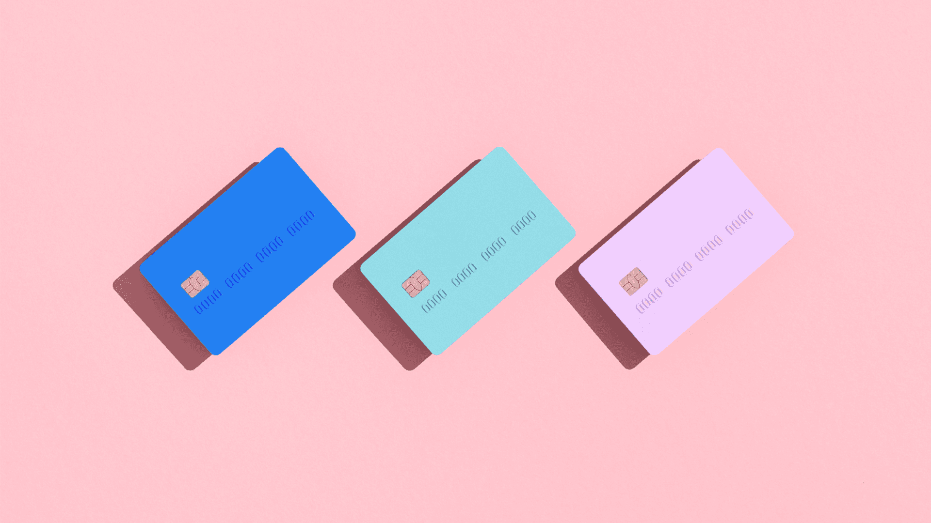 Three credit cards in blue, teal, and lavender fanned out on a pink background