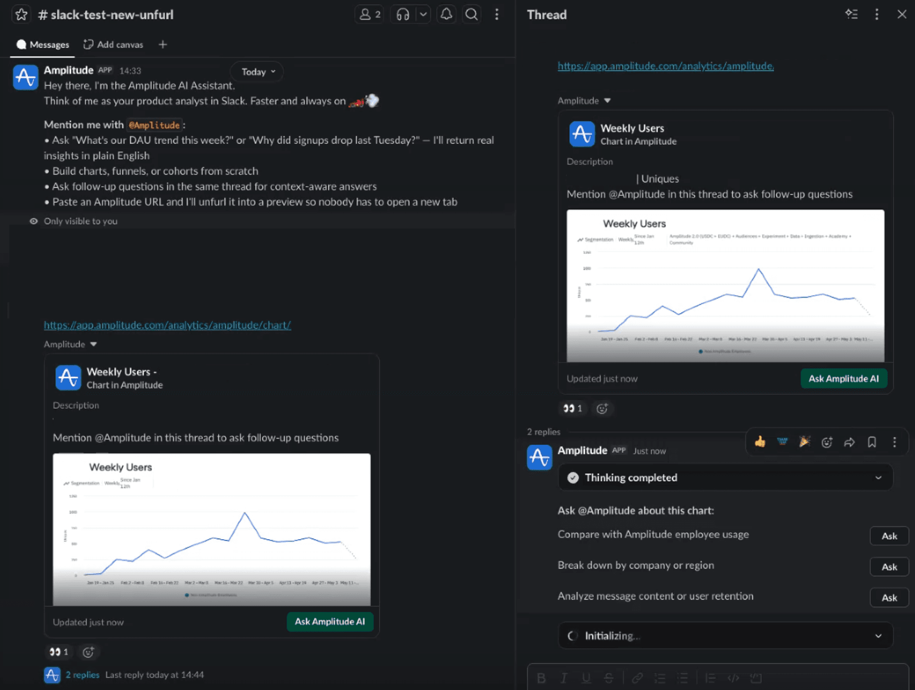 Ask Amplitude AI button in Slack Previews