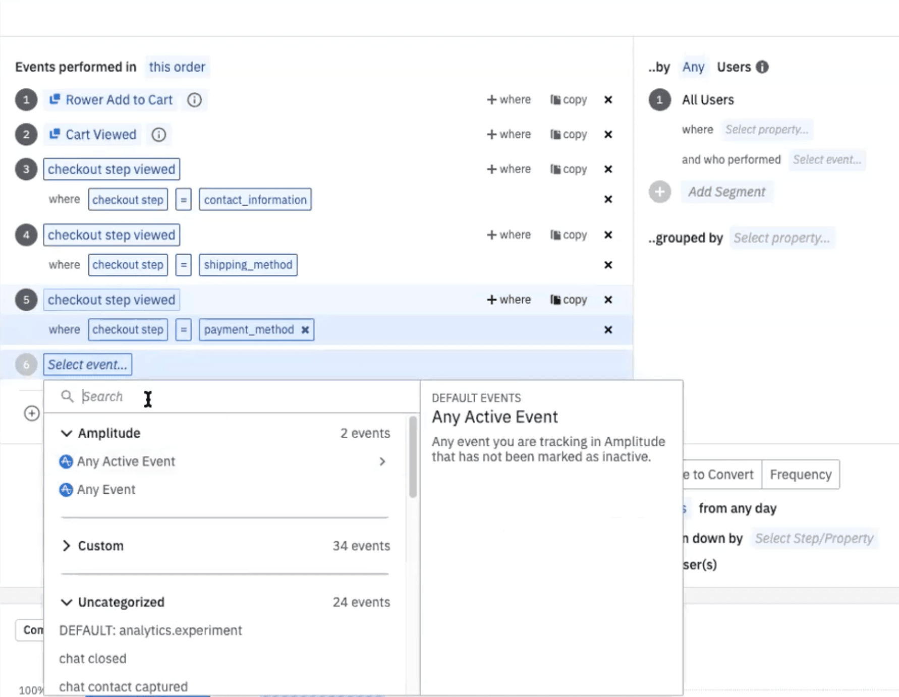 Ecommerce conversion steps in the Amplitude funnel chart