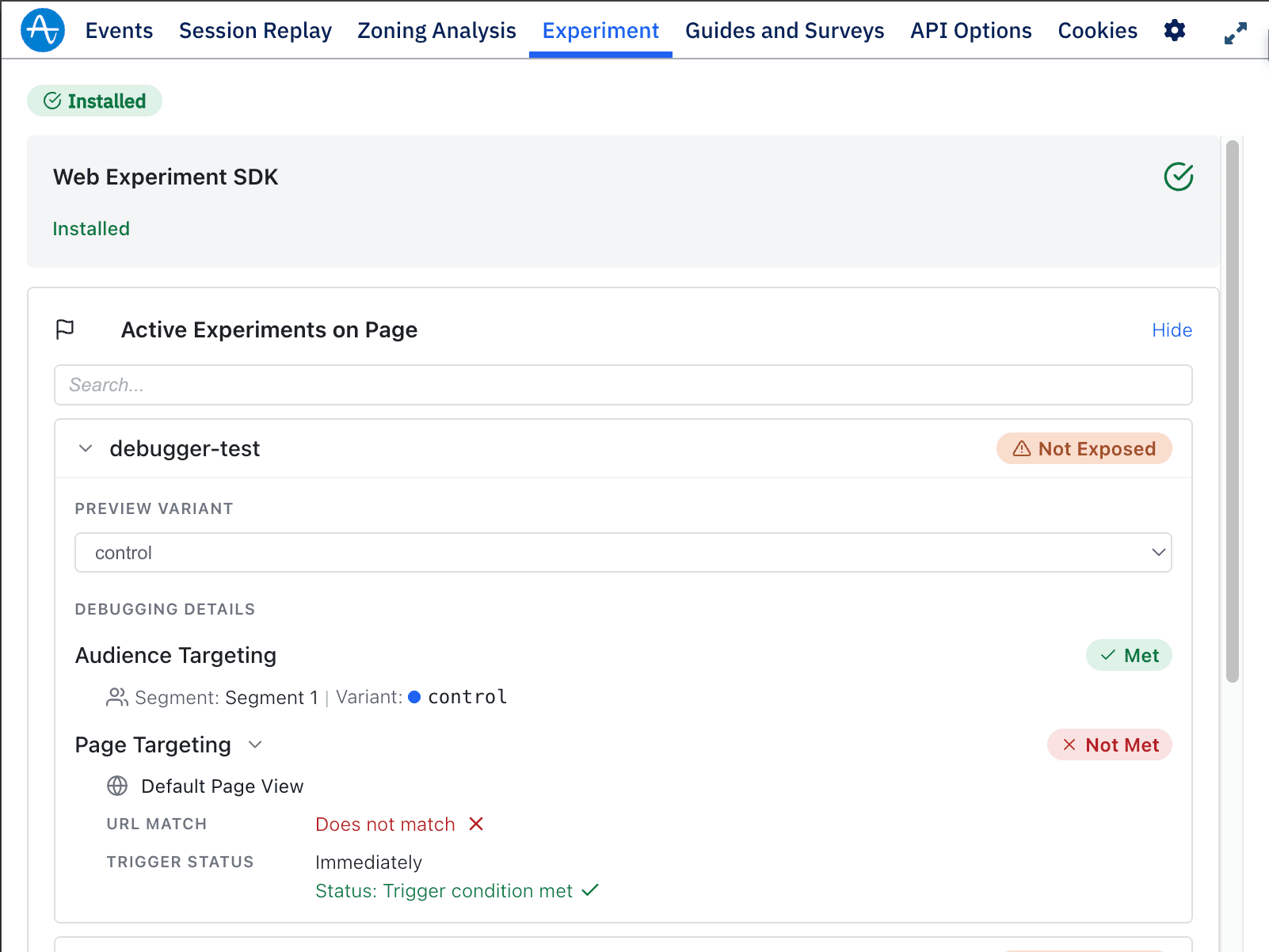 Web Experiment Chrome Debugger — Targeting Visibility