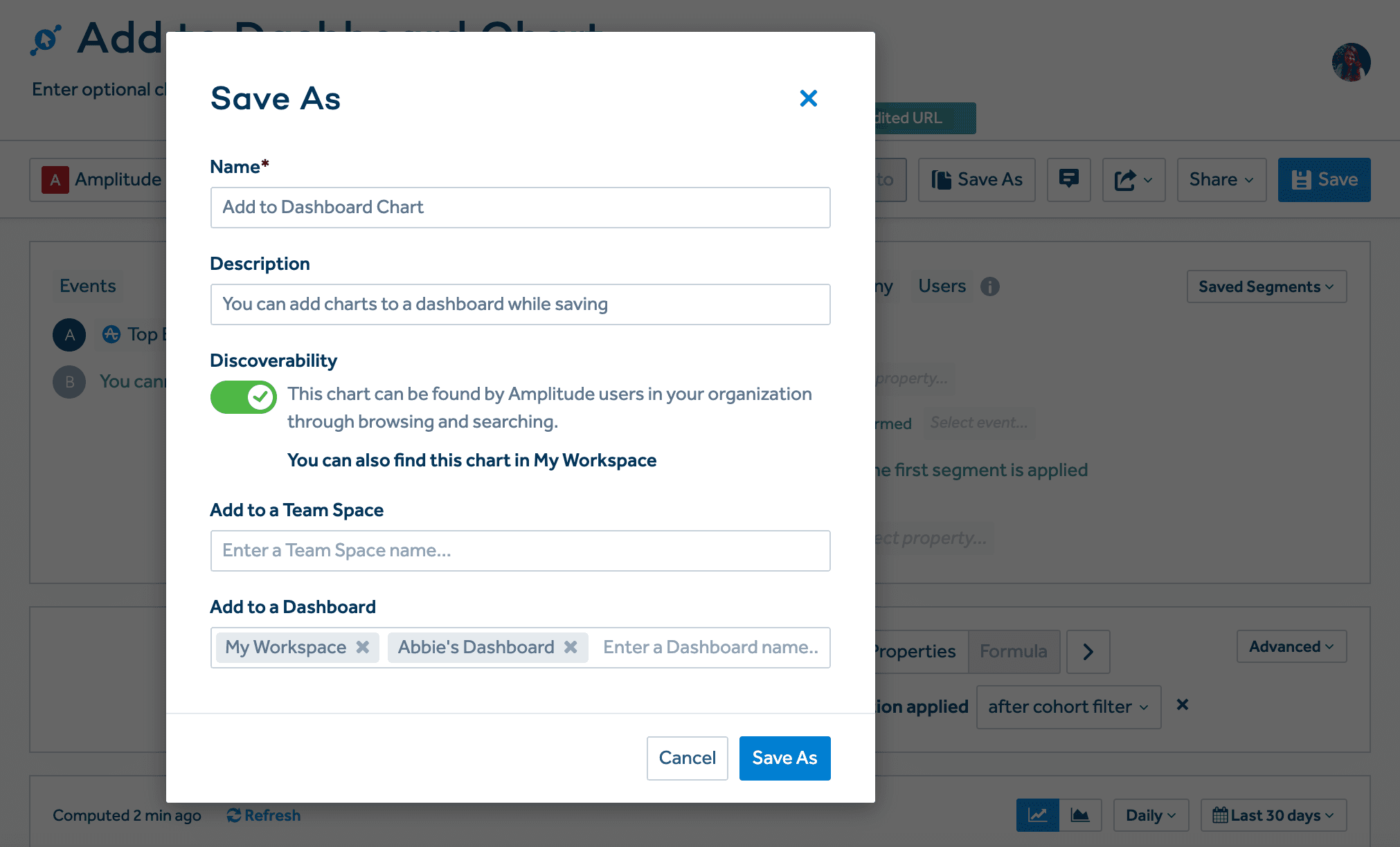 add chart to dashboard in save modal
