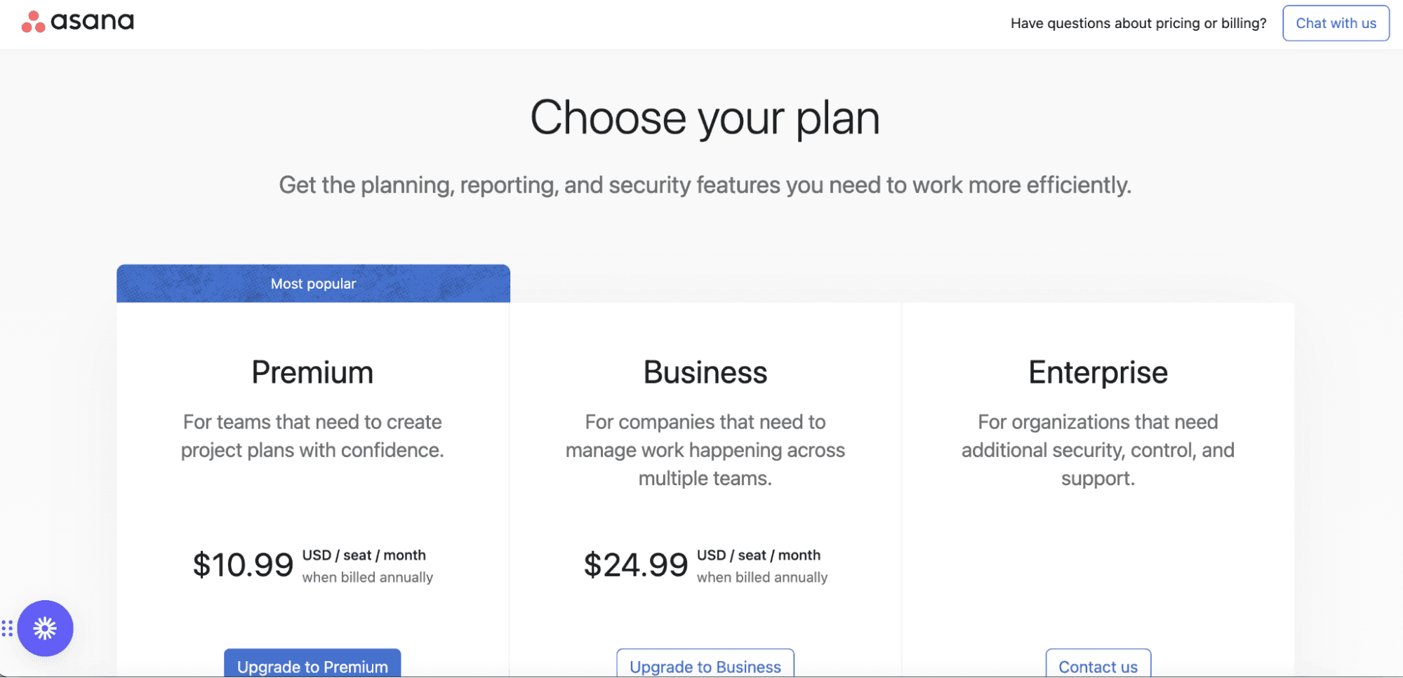 screenshot of asana pricing plans 2023