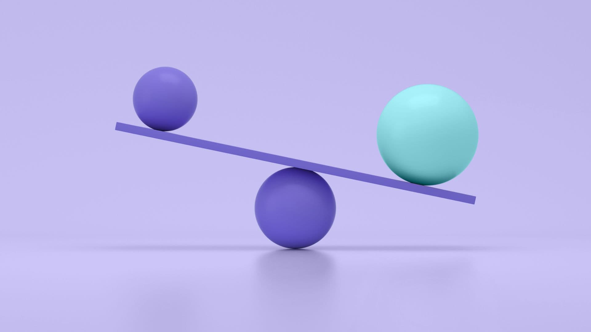 Purple and teal balls balance on a seesaw, giving the impression of impact and tradeoffs