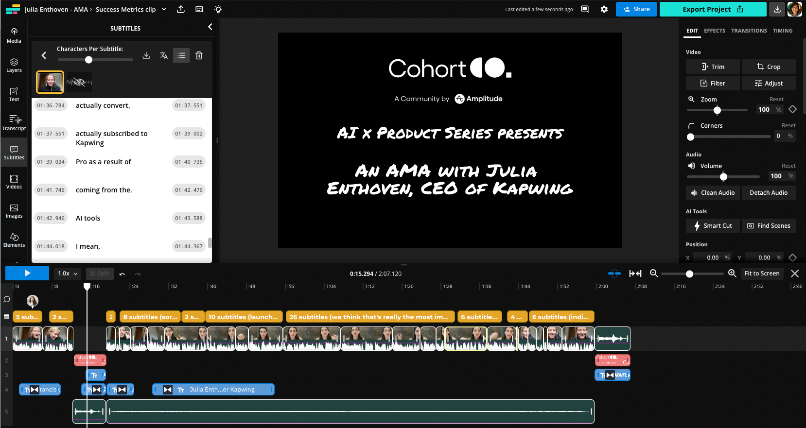 Screenshot of Kapwing's video editing features