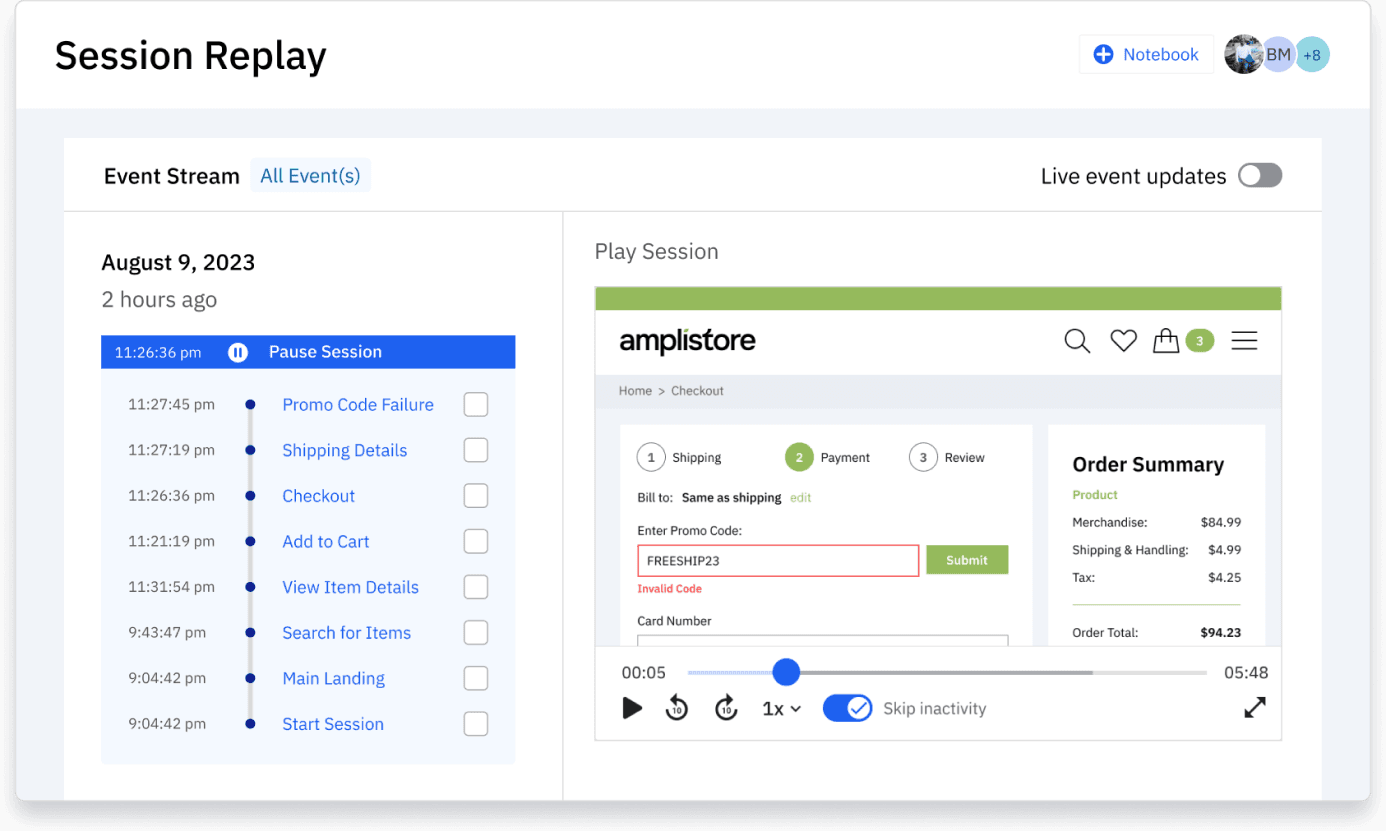 Ein Screenshot der Session-Replay-Oberfläche in Amplitude.