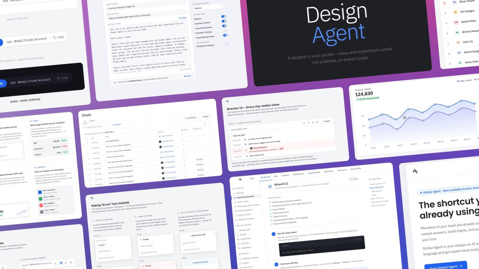 Various design outputs made with design agent in it's first week, email templates, CTA variants, agent setup flow, card component library, presentation slides, data tables