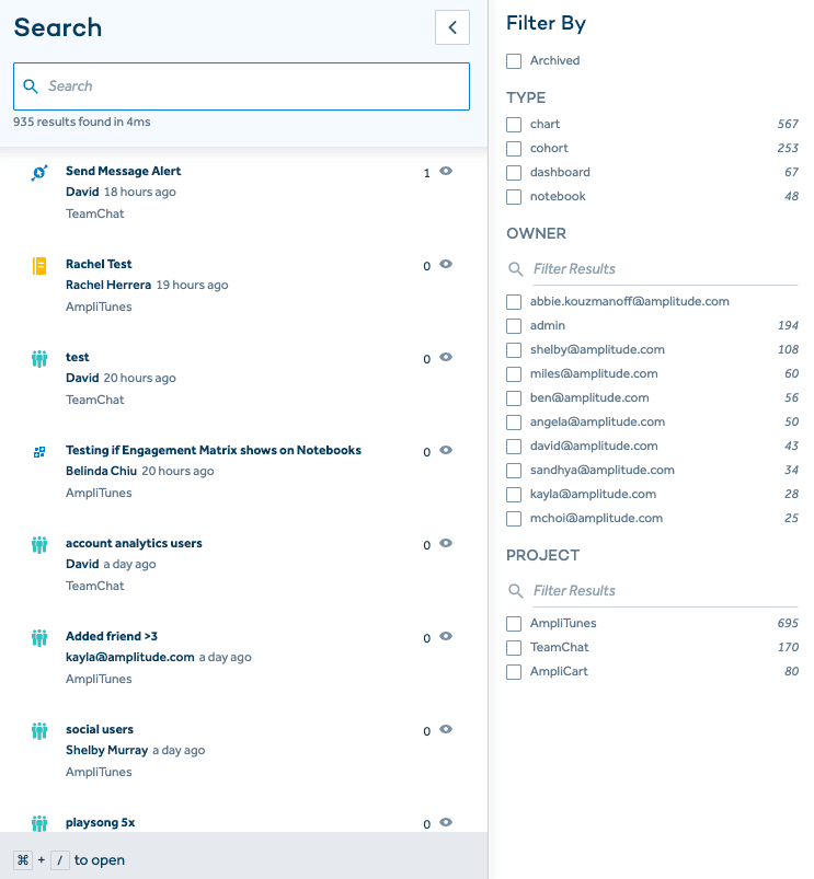 filter by project and pin owner in search