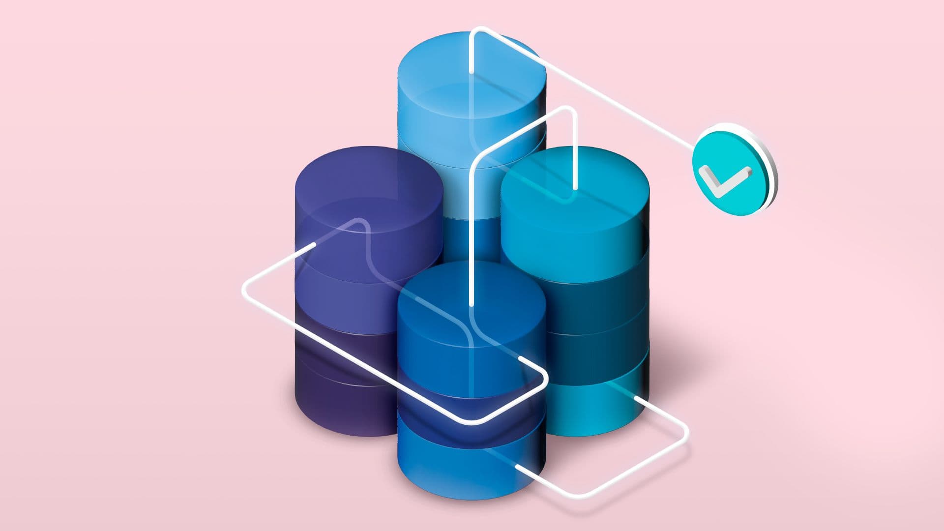 Several stacks of disks are connected by white lines, leading to a green check mark, evoking the idea of experimentation connected to a data warehouse