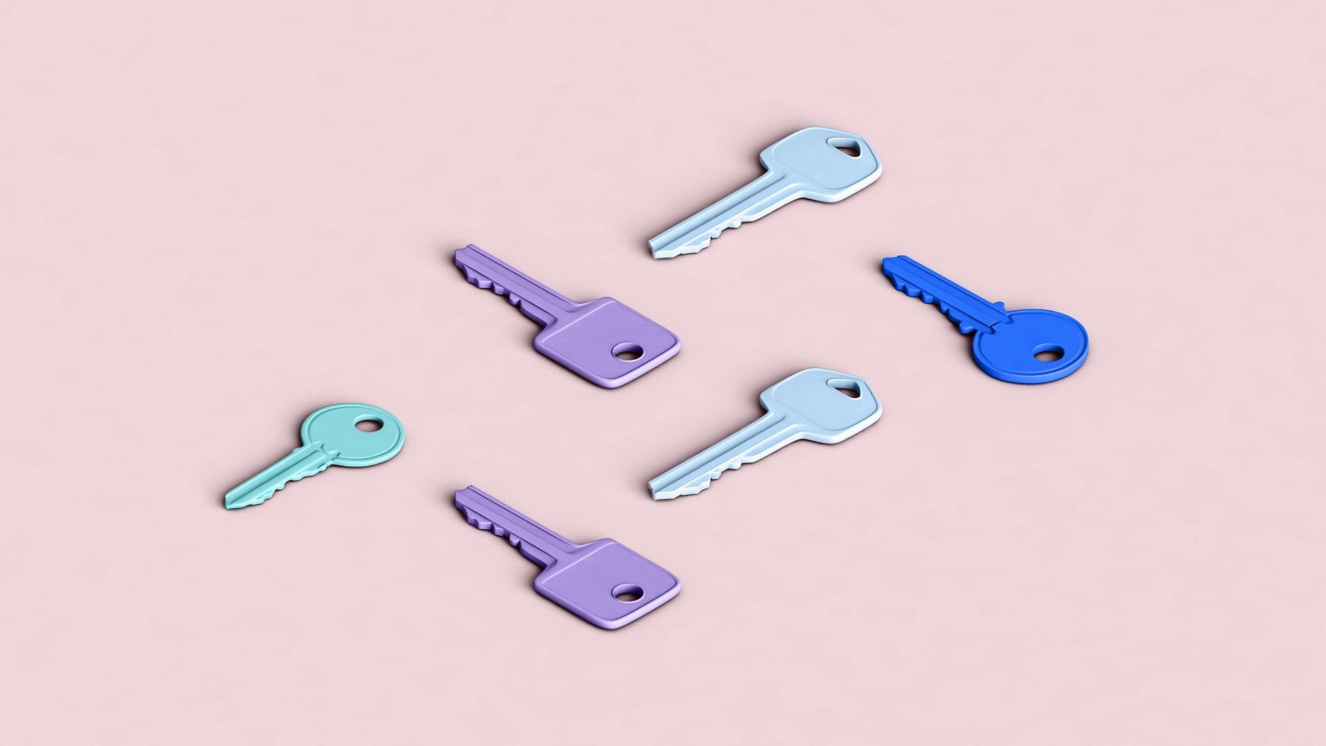 Different colored keys on pink background