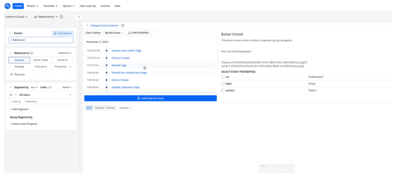 Screenshot of tracking events via the Amplitude Event Explorer