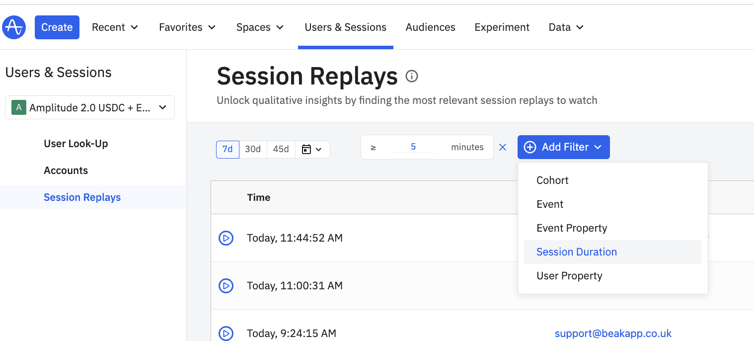 Session Replay Search Session Duration Filter
