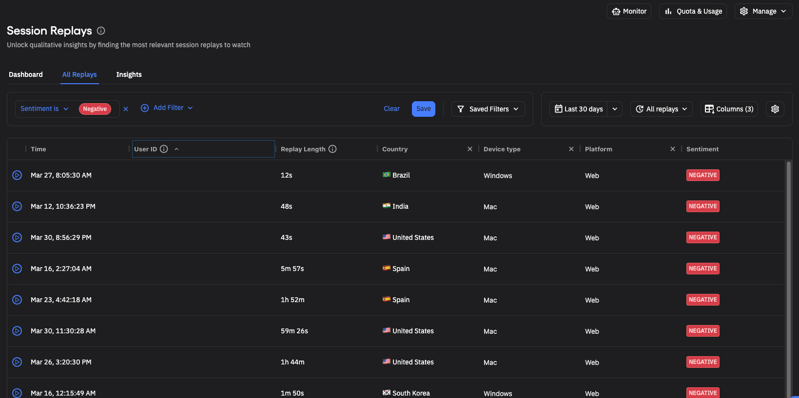 Session Replay Sentiment Filter