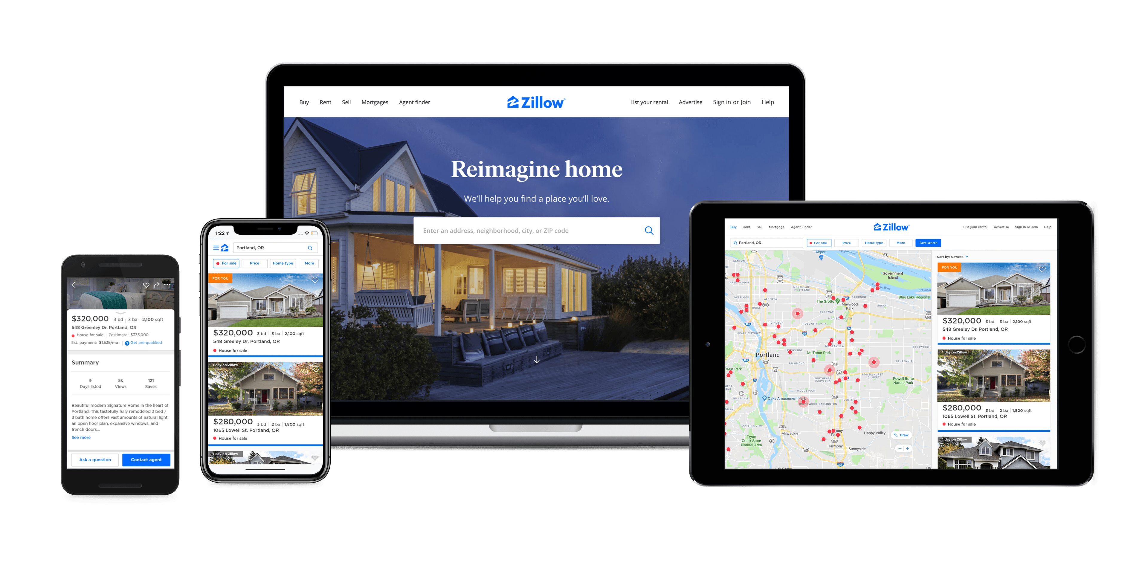 A snapshot of real estate market with maps, prices, and homes displayed on various devices