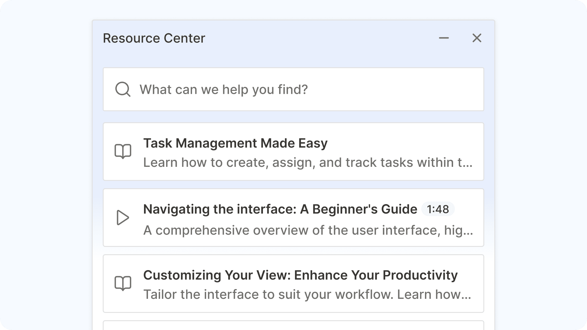 Main resource center UI