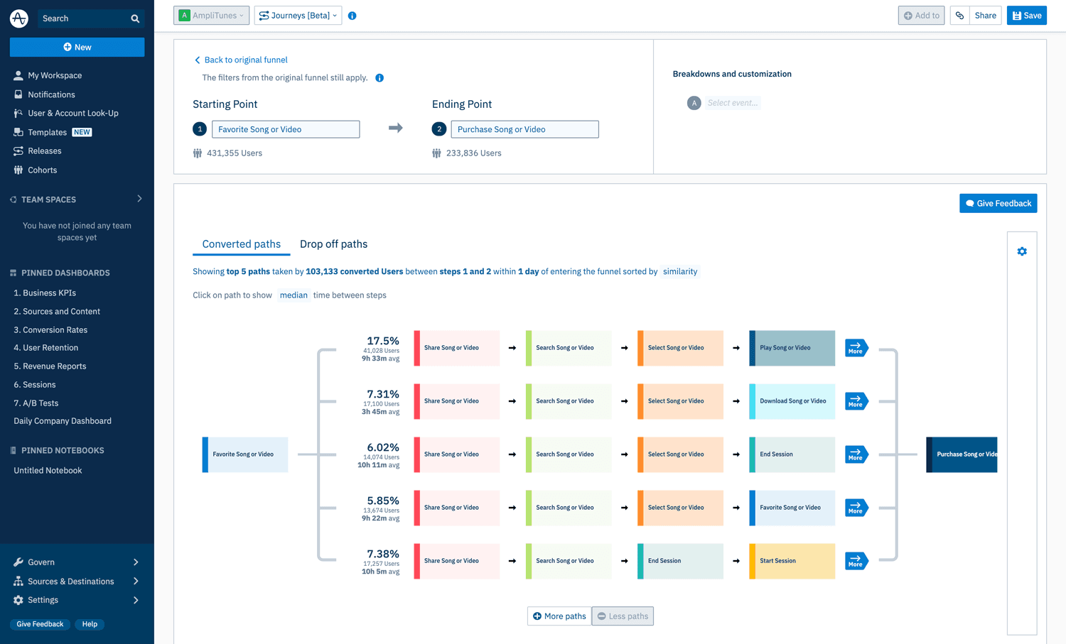 The Journeys feature, showcasing popular paths that lead to conversion