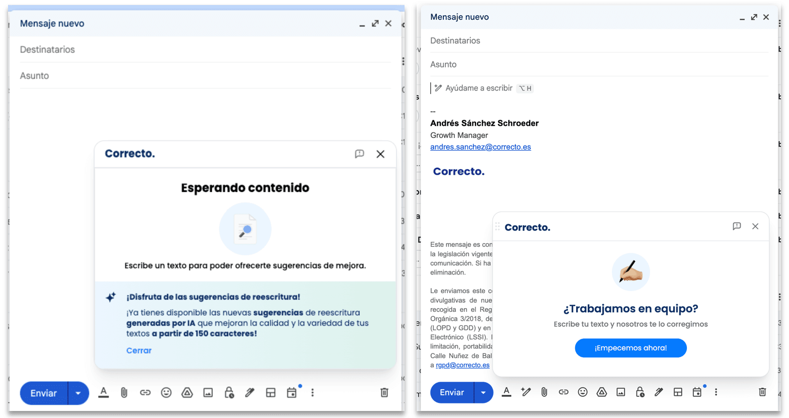 Before and after of an activation nudge. Before, there was a lot of information in the nudge. After, it was simplified to asking if you're ready to work on writing.