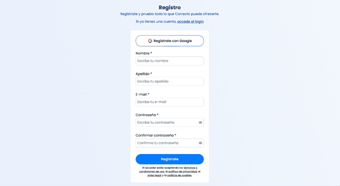 Registration screen for the Correcto app