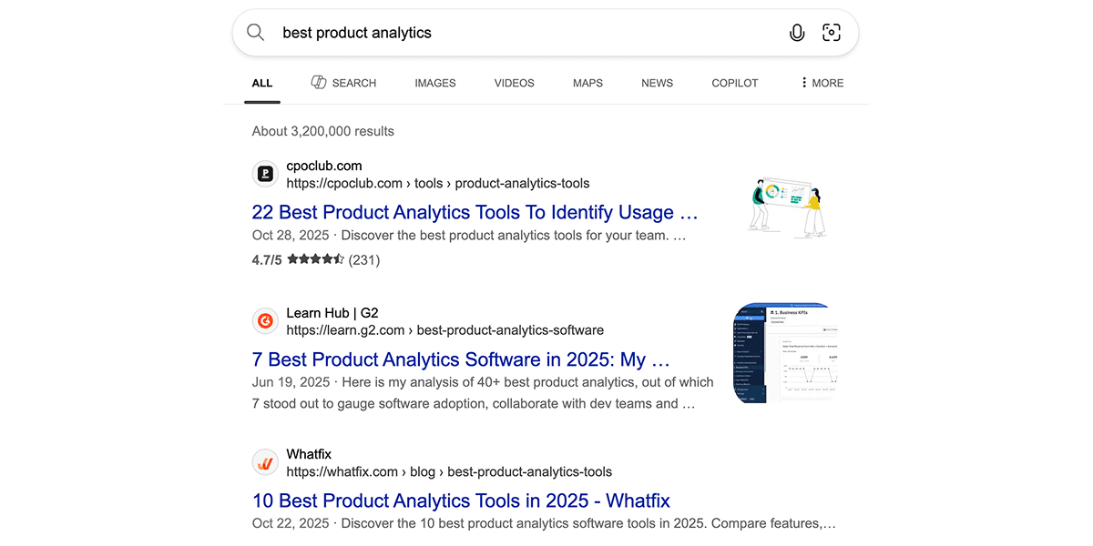 A Bing search result page for "best product analytics"