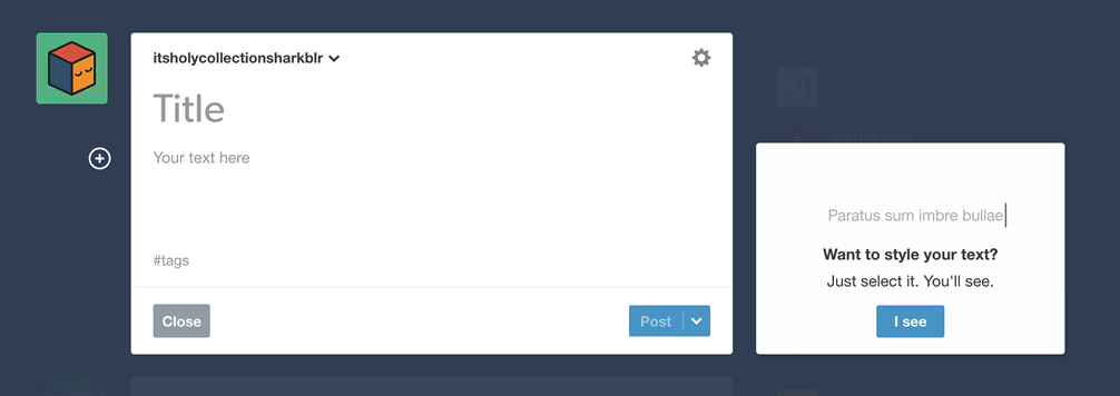 *Tumblr’s onboarding tooltips onboarding encourages new users to create a post.*