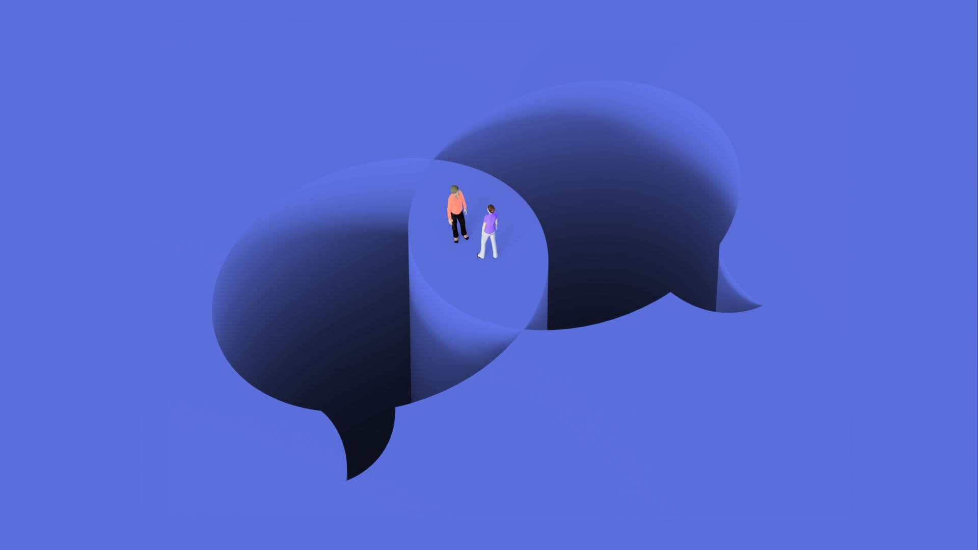 Two people standing in a Venn Diagram of speech bubbles