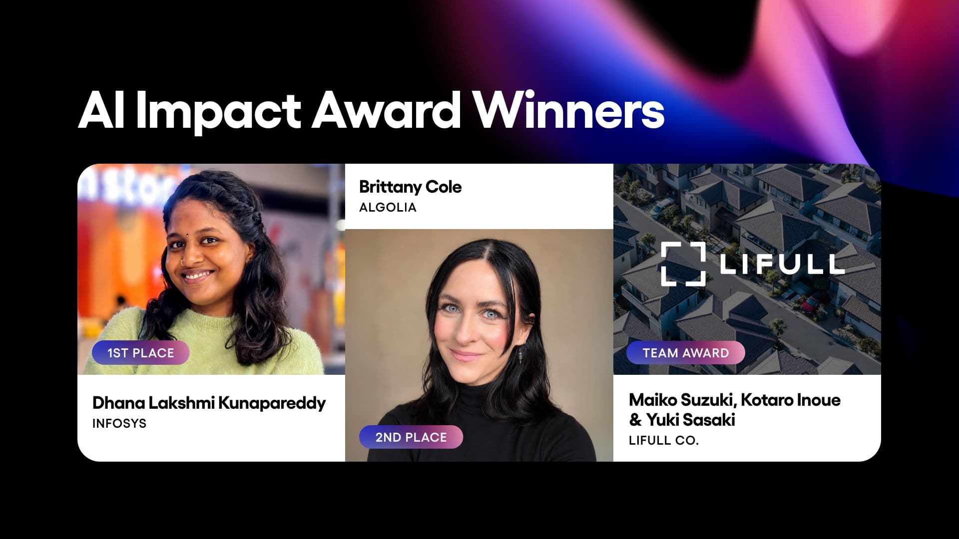 Says AI Impact Award Winners and has headshots for two winners and the logo for the team winner