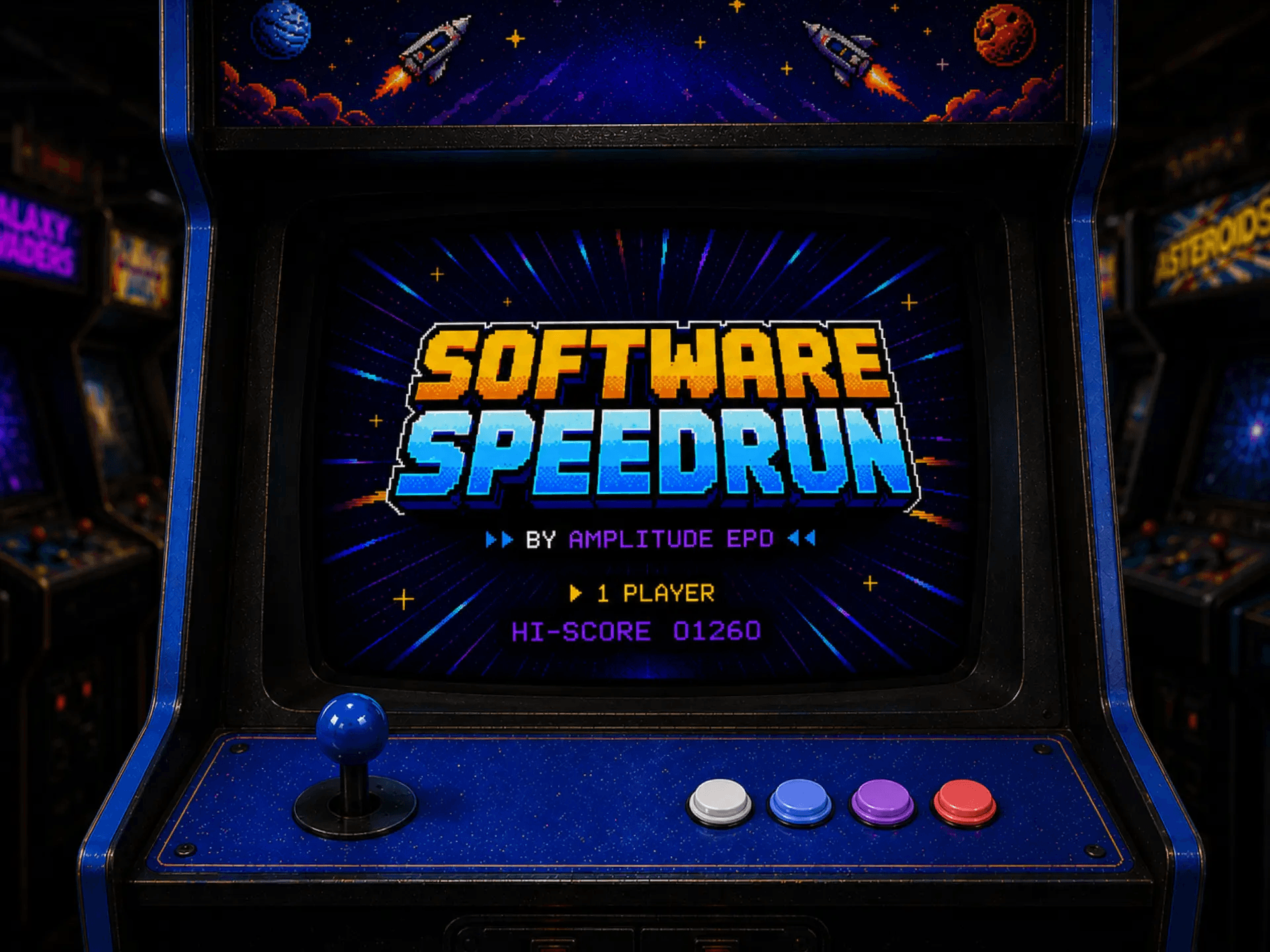 Retro arcade cabinet displaying Software Speedrun