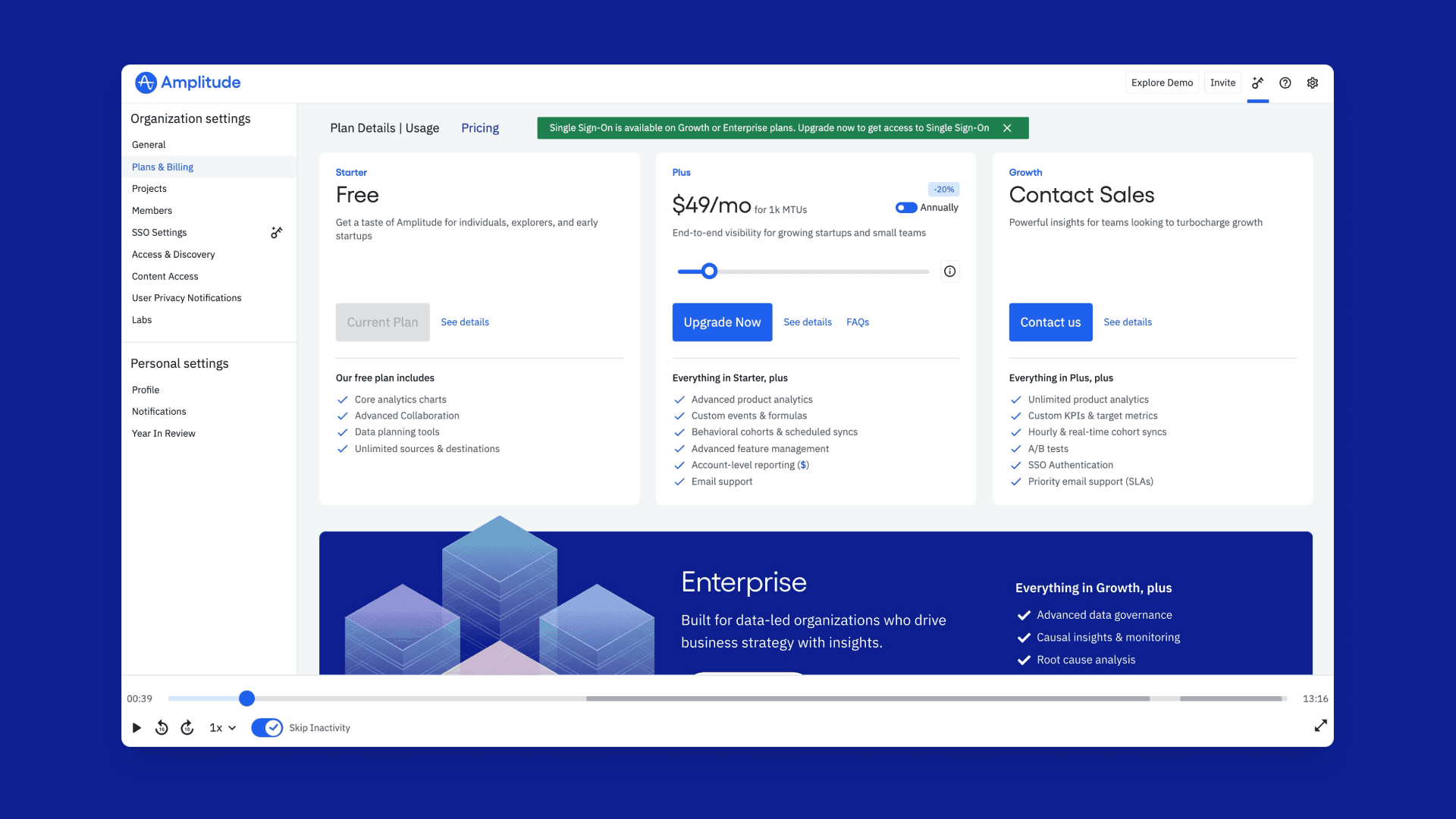 This visual represents the reconstructed session of a single user on the starter plan. Session Replay enabled our team to see the qualitative aspects of the customer journey as they navigated through the pricing callouts in the product.