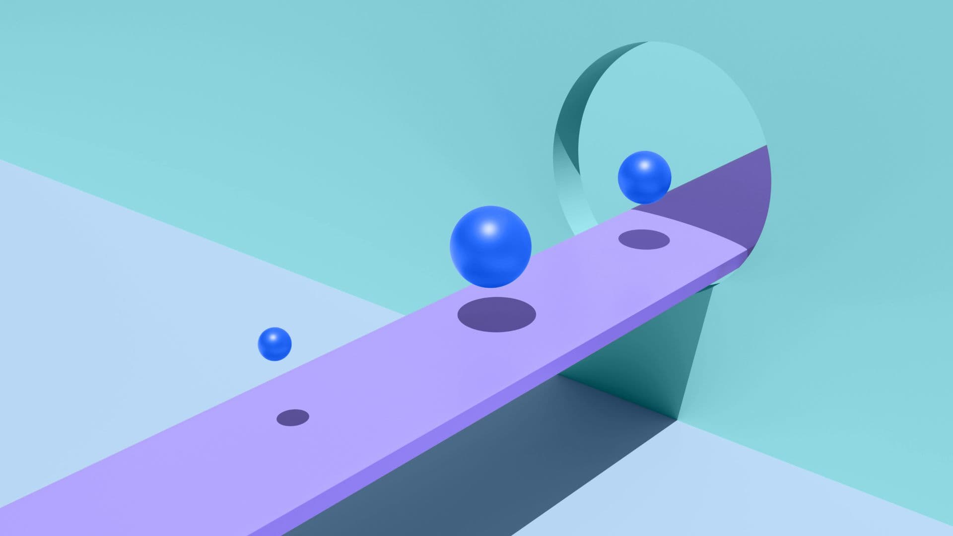 Artistic rendition of blue spheres floating down a purple pathway through a circular opening.