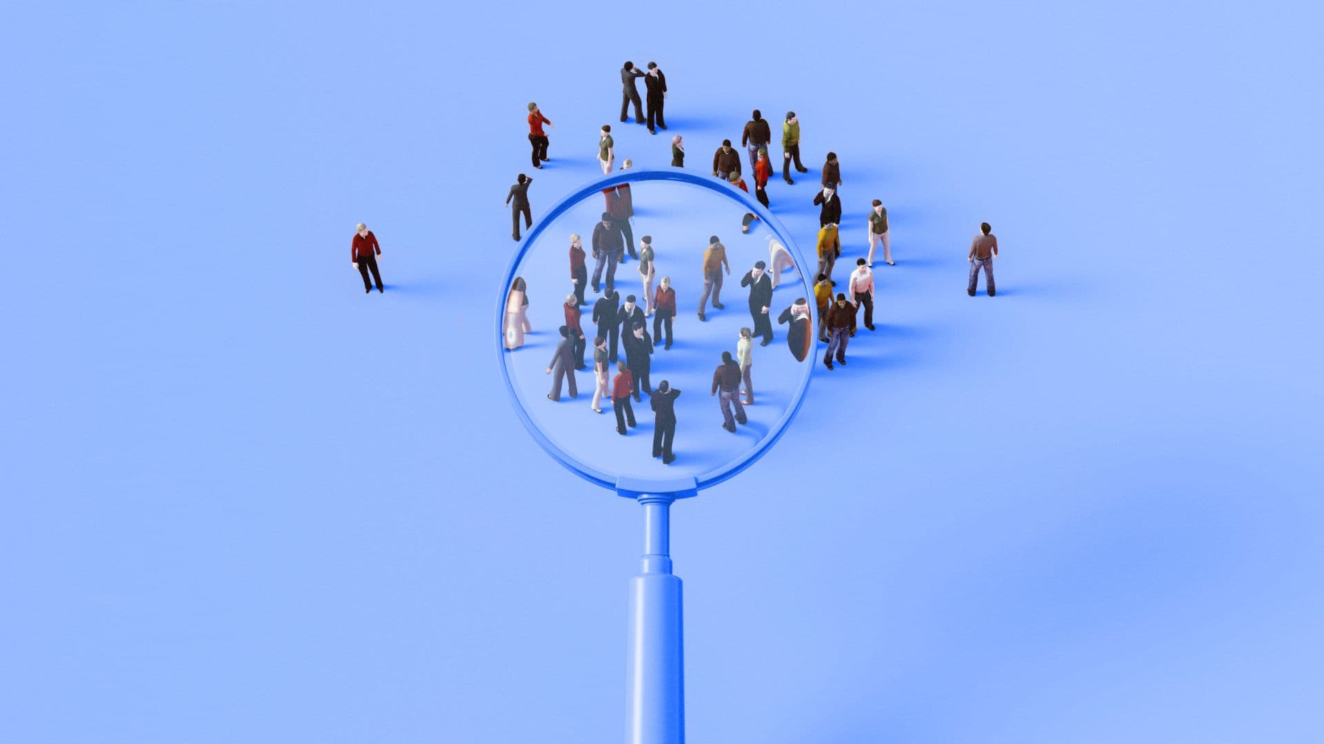 A magnifying glass identifies a subset of a population, suggesting an experiment sample