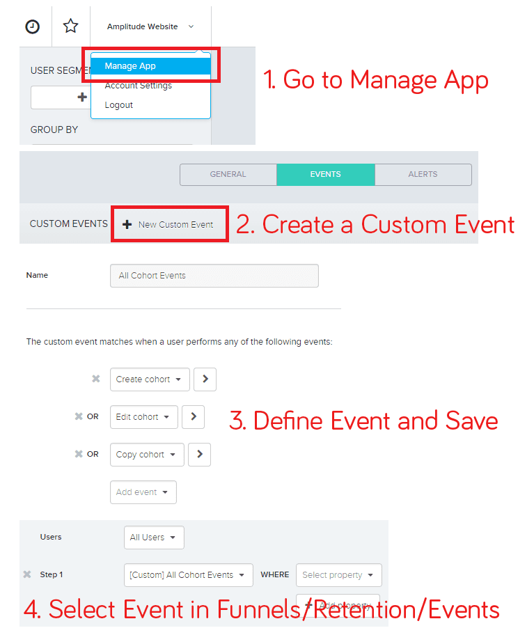 You can now create custom events in Amplitude. You can create a custom event by going to the "manage app" menu (the gear next to the app on the settings page or in the top right menu when you're inside an app). Only app admins can create custom events.