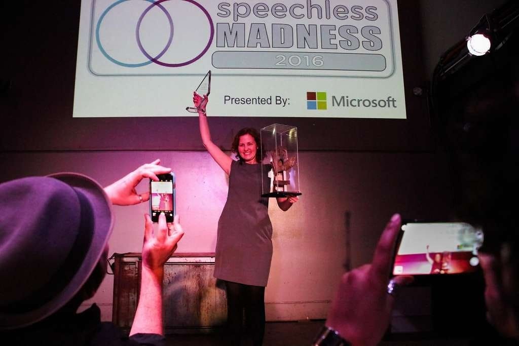 Ellie Powers, of Google celebrates her win, at the improv show Speechless. Source: San Francisco Chronicle